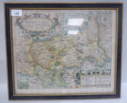 An early 17thC Johannes Morden coloured county map 'Middlesex' with a title cartouche, index and