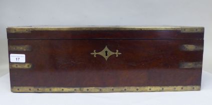 A Victorian mahogany military style writing box with lacquered brass mounts and reinforcement,