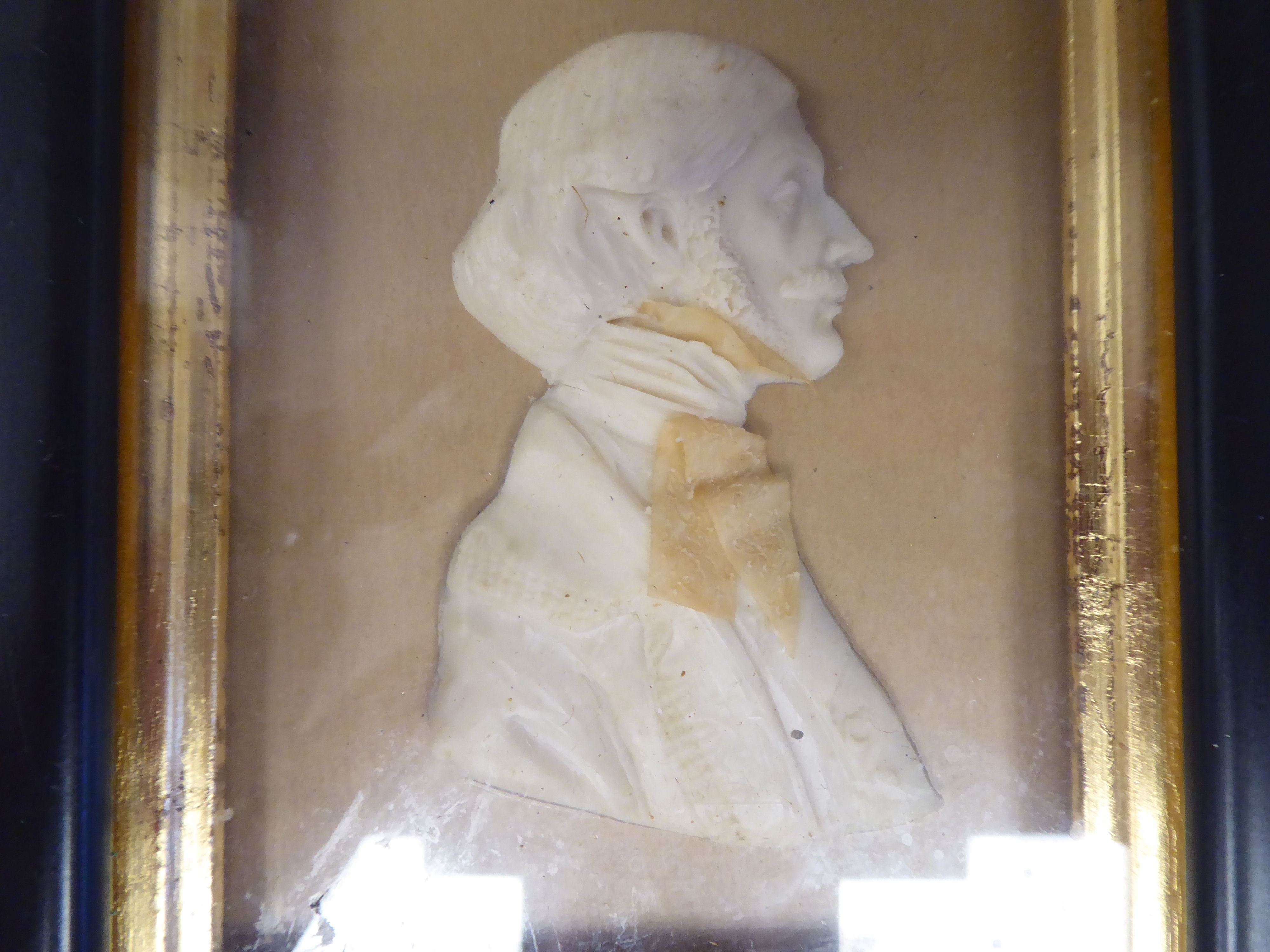 A pair of 19thC carved wax head and shoulders profile portraits, a bewhiskered man and a young - Image 6 of 7