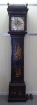 An 18thC longcase clock, painted in chinoiserie with buildings and flora, the domed top hood over