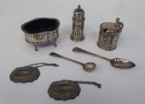 Silver collectables: to include decanter labels; and a sugar basin  mixed marks