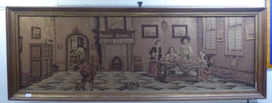 A 20thC machine made 18thC inspired tapestry, a period interior scene  21" x 68"  framed