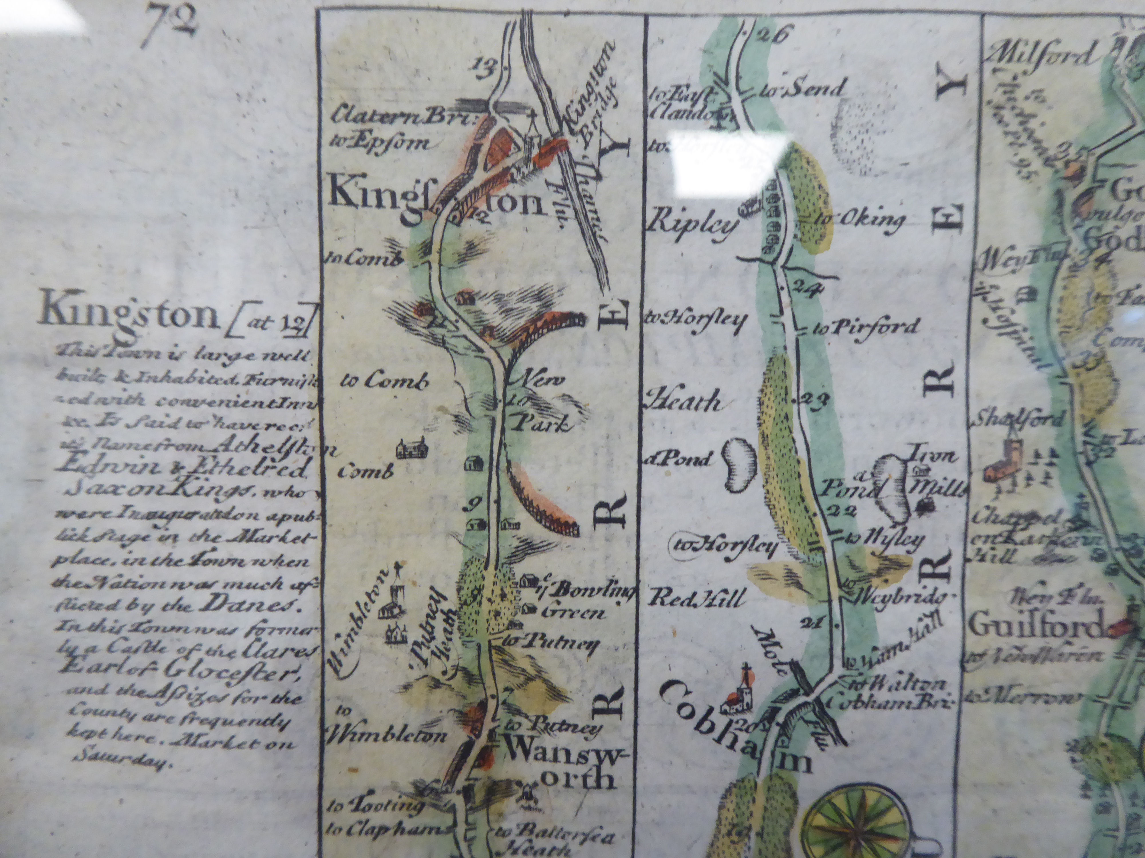 A 17th/18thC coloured road map, an extract from London to Portsmouth with text and continued - Bild 2 aus 7