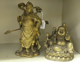 Two 20thC Chinese cast gilt metal models, viz. a standing warrior  10"h; and a seated Buddha  6.5"h