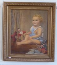 Marjorie Rodgers - a study of a young child playing with toys  oil on canvas  bears a signature  24"