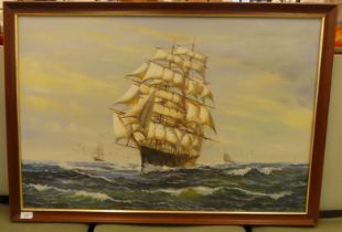 Ambrose - a galleon on choppy seas  oil on canvas  bears a signature  23" x 35"  framed