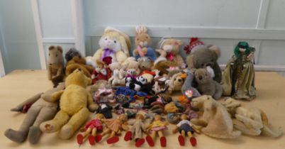 Vintage and later soft toys and dolls: to include a 1930s/1940s Teddy bear with mobile limbs  18"h