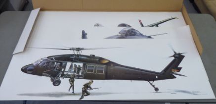 After Keith Fretwell - military aircraft themed  coloured prints  18" x 50"