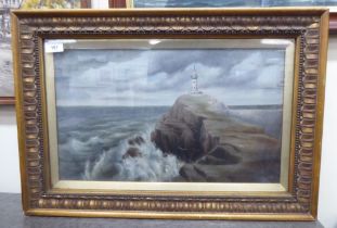 J Draper - a lighthouse on a rocky viewpoint  oil on canvas  bears a signature  11" x 20"  framed