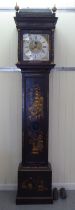 An 18thC longcase clock, painted in chinoiserie with buildings and flora, the domed top hood over