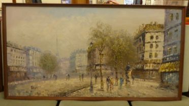 Burnett - a Parisian street scene  oil on board  bears a signature  24" x 48"  framed