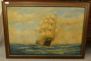 Ambrose - a galleon on choppy seas  oil on canvas  bears a signature  23" x 36"  framed