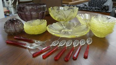 Art Deco inspired and other coloured art glass tableware: to include a fruit bowl  11"dia