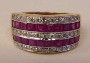 A 9ct gold ring, set with rows of rubies and diamonds