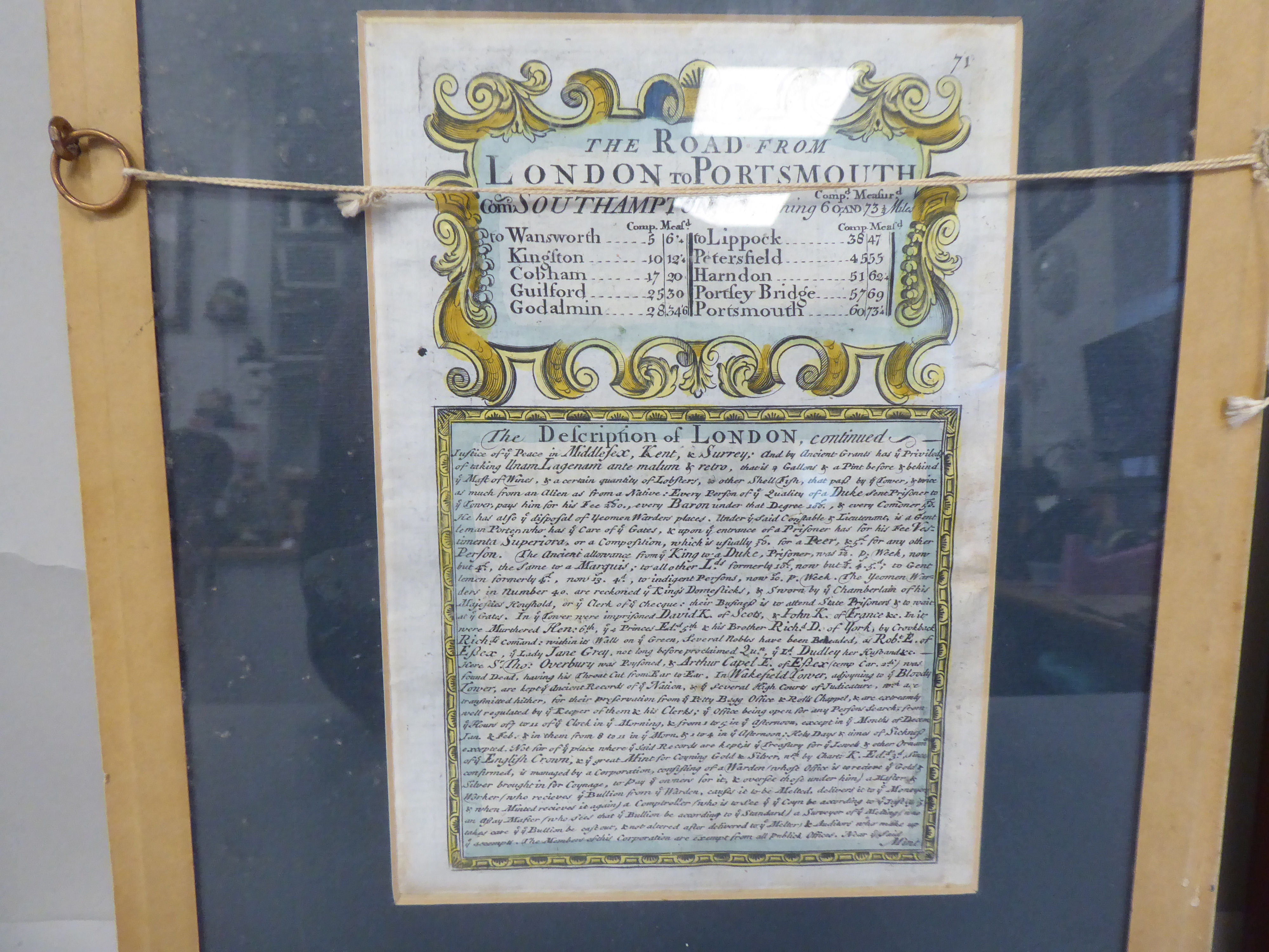 A 17th/18thC coloured road map, an extract from London to Portsmouth with text and continued - Bild 6 aus 7