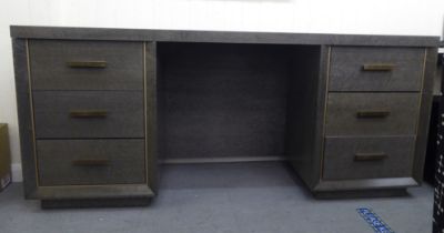 A modern grey maple effect, veneered oak six drawer dressing table, on a plinth  31"h  71"w