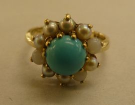 A 9ct gold cluster ring, set with turquoise and seed pearls