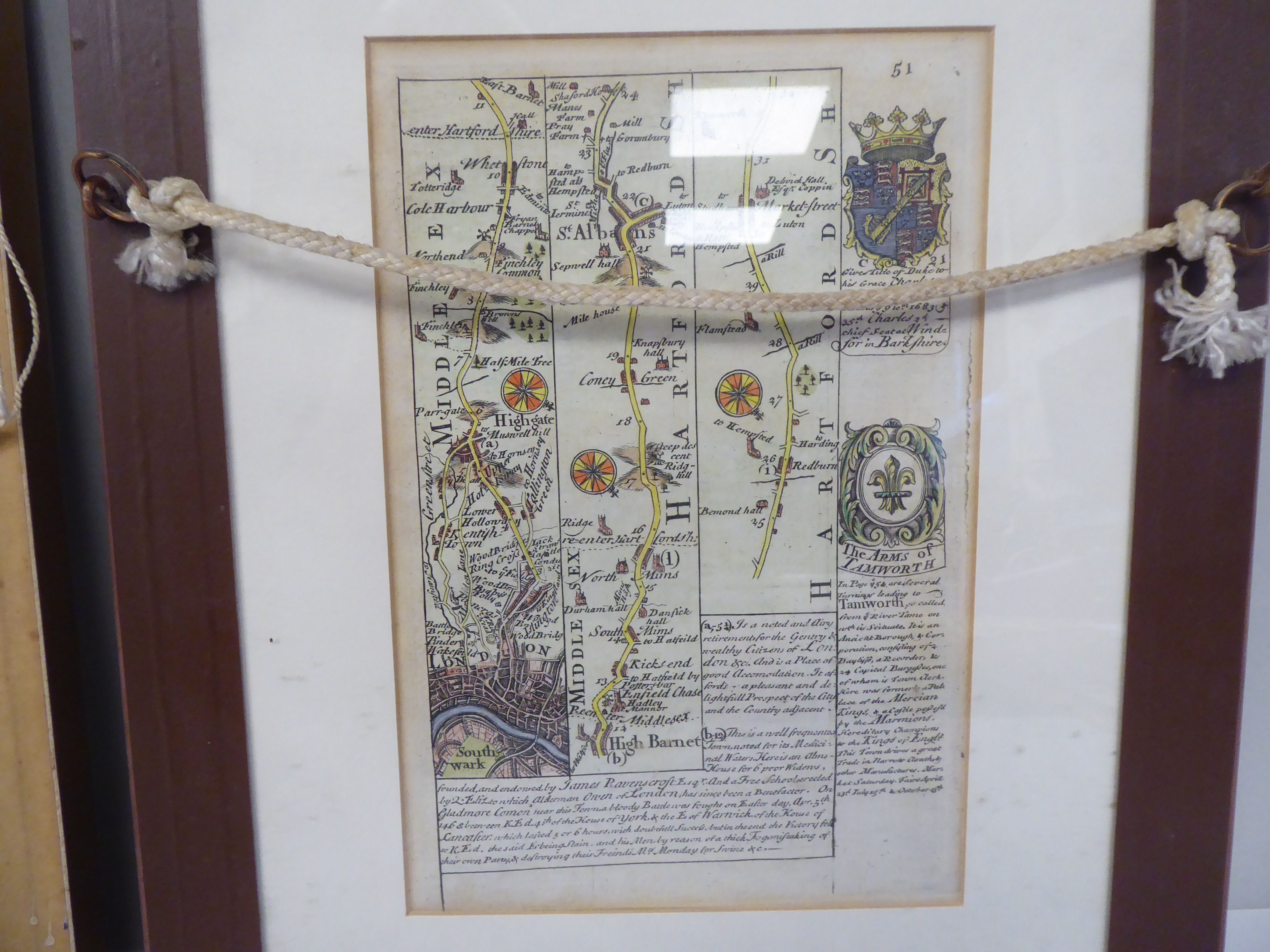 A 17th/18thC coloured road map, an extract from London to Portsmouth with text and continued - Bild 7 aus 7