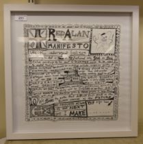 After Grayson Perry - 'Red Alan Manifesto'  print on napkin  13" x 13"  framed & glazed