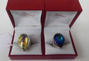 Two silver rings, set with baccarat coloured glass teardrop design stones  both boxed & stamped 925