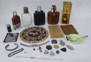 A mixed lot: to include a spirit miniature 'Irish Mist' with shot glass; hip flasks; and a stainless