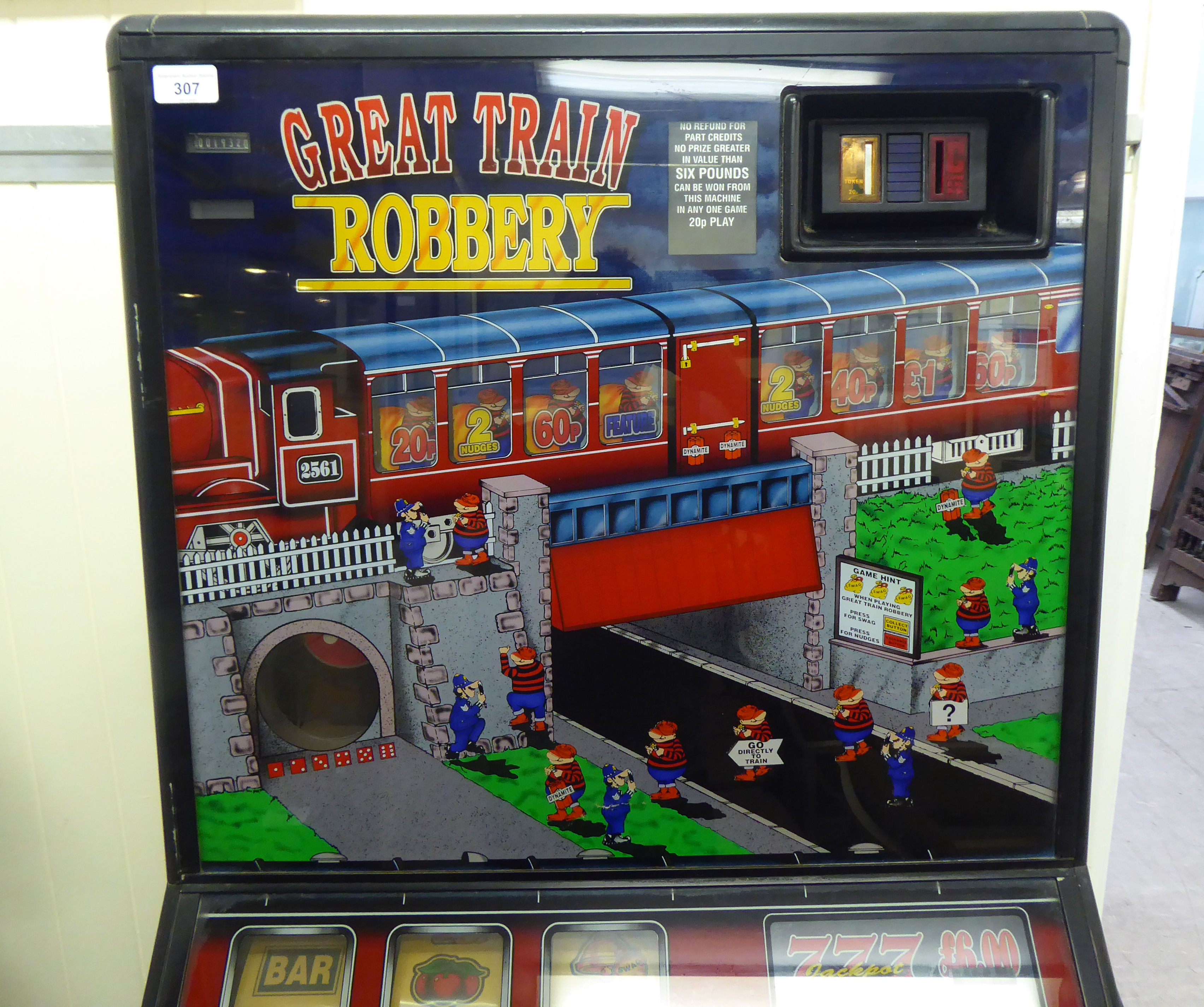 A circa 1980s pub electrically powered 'Great Train Robbery' themed fruit machine  66"h  25"w  (sold - Image 2 of 8