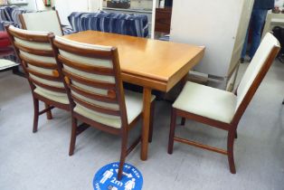 A modern teak dining table  30"h  54"L with two integral leaves  extending to 98"L; and a matched