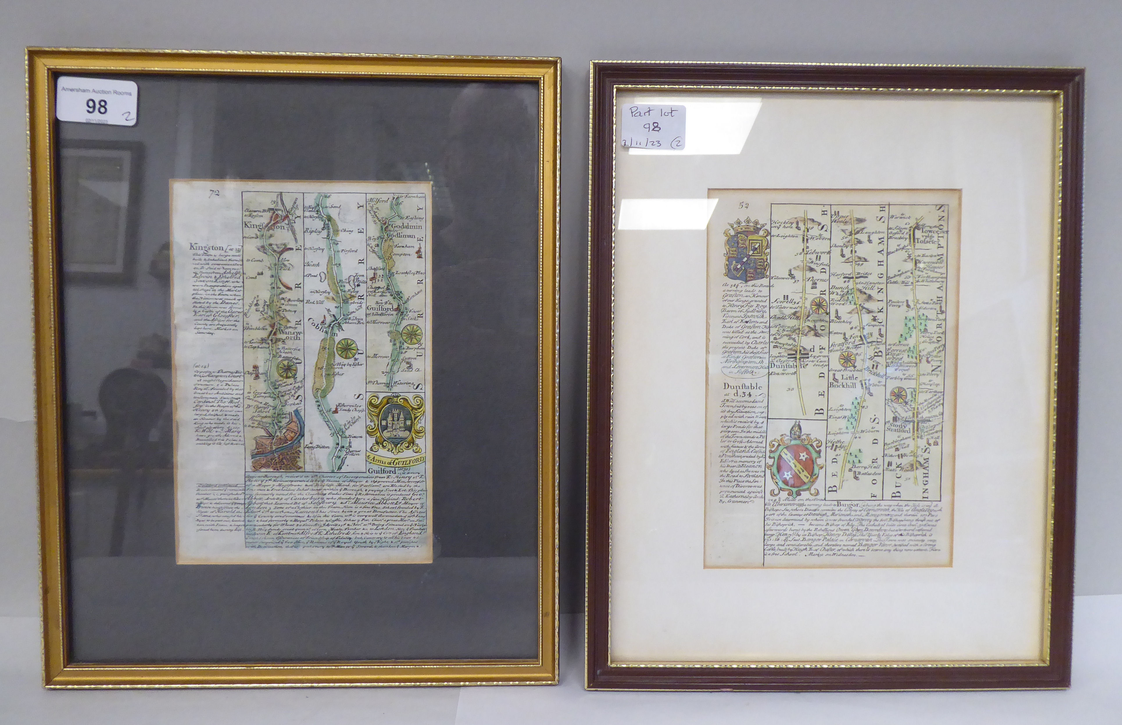 A 17th/18thC coloured road map, an extract from London to Portsmouth with text and continued