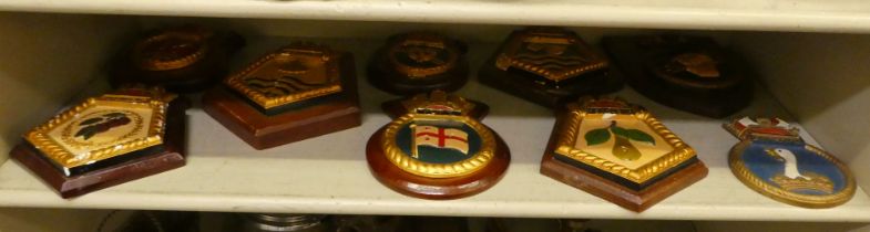 Mounted composition plaques, mostly naval emblems: to include 'Tidereach' and 'Pearleaf'