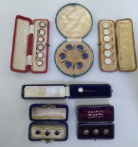 Five sets of decorative dress shirt studs, variously set with coloured stones, mother-of-pearl and