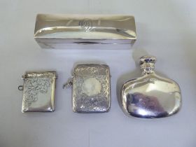 Silver collectables: to include two dissimilar pendant vesta cases; a rectangular, hinged pin box