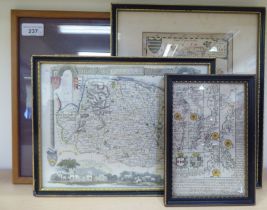 An 18thC map segment of Norfolk  6" x 8"  framed; and three later examples  mixed sizes