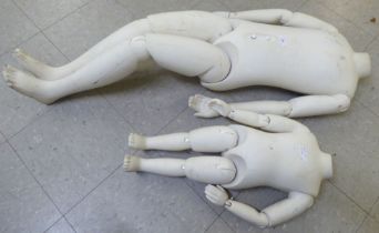 Two Fusion jointed cream coloured plastic, headless manikins  18" & 42"h
