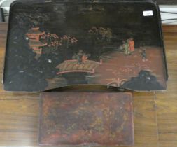 A late 19thC Japanese lacquered and painted tray table  24"w; and a contemporary red lacquered