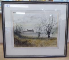 KJ Messer - a misty landscape with a cottage  watercolour  bears a signature  12" x 15"  framed