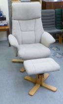 A Dunelm grey fabric upholstered easy chair, raised on a stained beech swivel base; and a matching