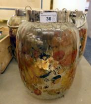 A set of five modern floral printed, glass jars with swing handles  10"h