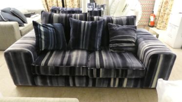 A modern box design settee with a low back, upholstered in striped blue/grey fabric with a cushioned