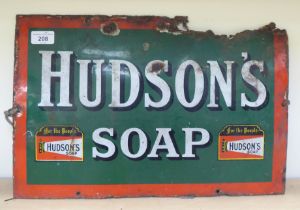 A vintage steel enamel advertising sign 'Hudson's Soap'  12" x 18"