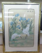 Modern Chinese School - cranes amongst reeds  mixed media  bears character marks  19" x 29"  framed