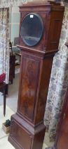 A 19thC mahogany longcase clock case, decorated with a pair of finials  79"h