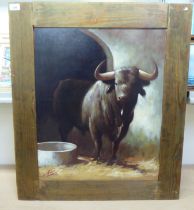 Jose Tajoda - a study of a bull  oil on board  bears a signature  19" x 23"  framed