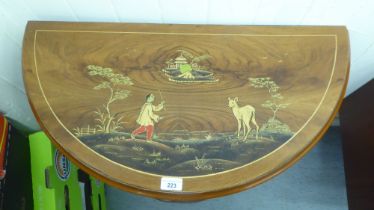 A mid 20thC walnut and overpainted chinoiserie demi-lune hall table  30"h  29"w