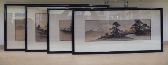 Four modern Japanese landscape prints  overpainted with gilded highlights  5.5" x 17"  all framed