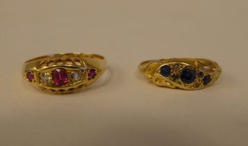 Two Victorian 18ct gold rings, set with coloured stones