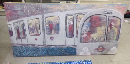 A study, an underground train  mixed media on board  24" x 48"