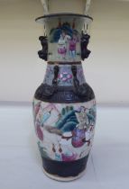 A late 19th/early 20thC Japanese crackle glazed vase, decorated with a battle scene  10"h