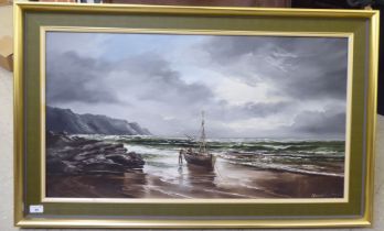 David A James - a shoreline scene  oil on canvas  bears a signature  19" x 35"  framed
