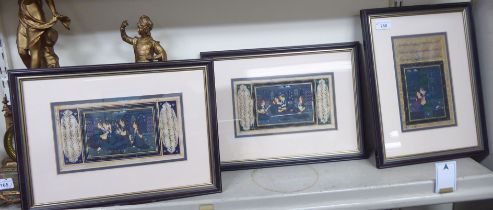 A set of three early 20thC Asian figure studies with attendant texts  watercolours  9" x 6"  framed