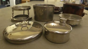 A vintage electroplated picnic set, comprising a 4"dia saucepan and a spirit burner, in a moulded